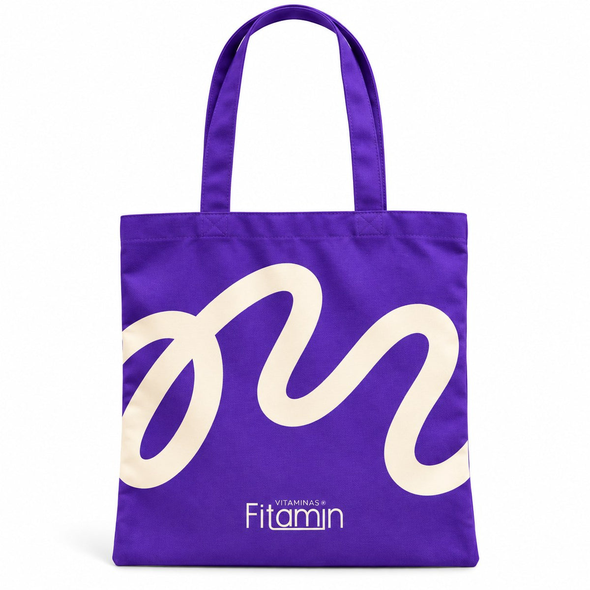 Tote bag Fitamin morado con trazo crema y logo Vitaminas Fitamin